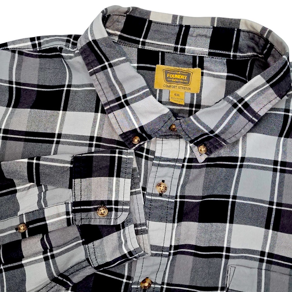 The Foundry Supply Comfort Stretch Men's‎ Black Plaid Long Sleeve Shirt Size 4XL